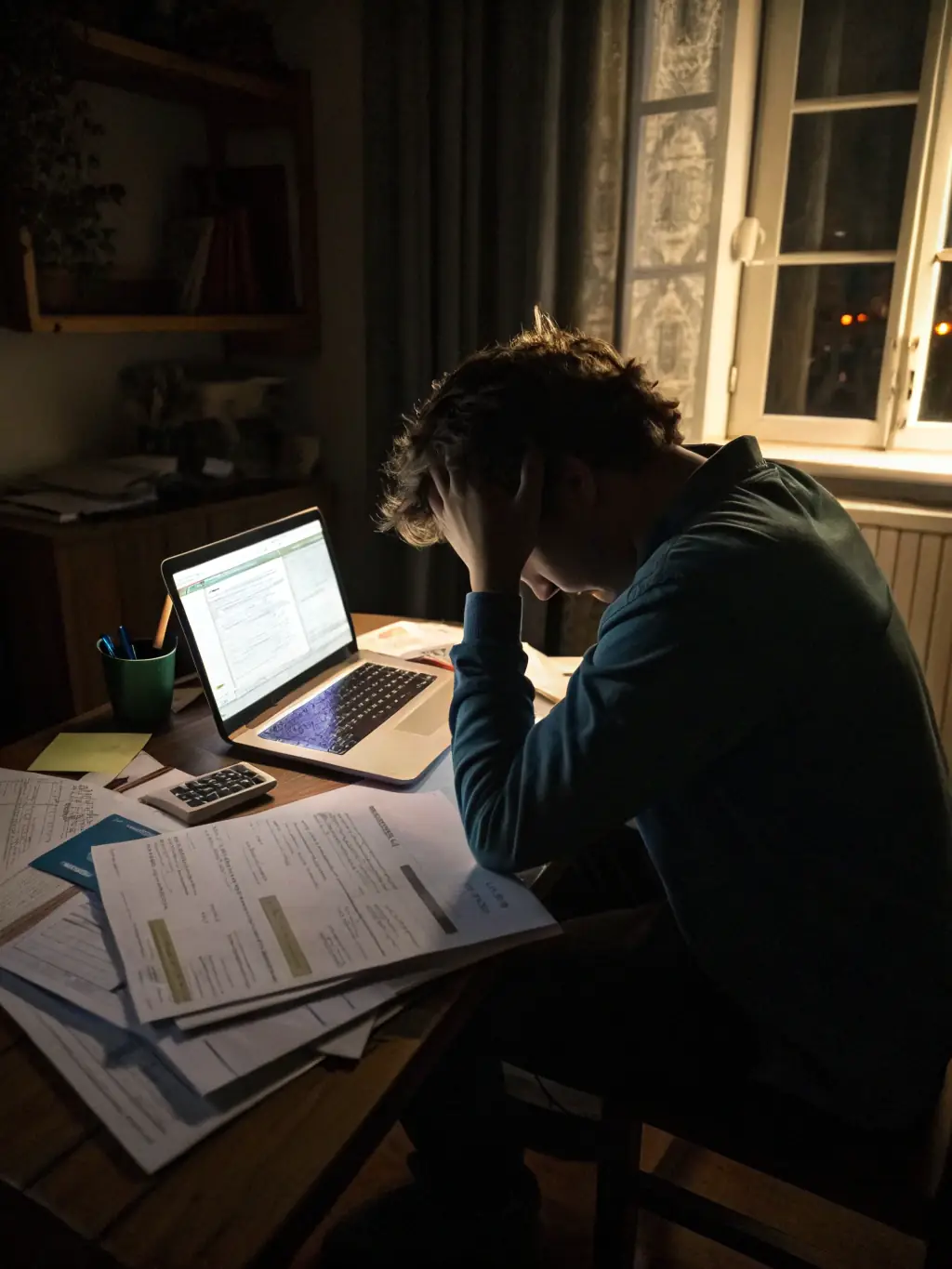 A student looking stressed while working on a coursework assignment at a desk filled with books and papers, symbolizing the challenges students face.